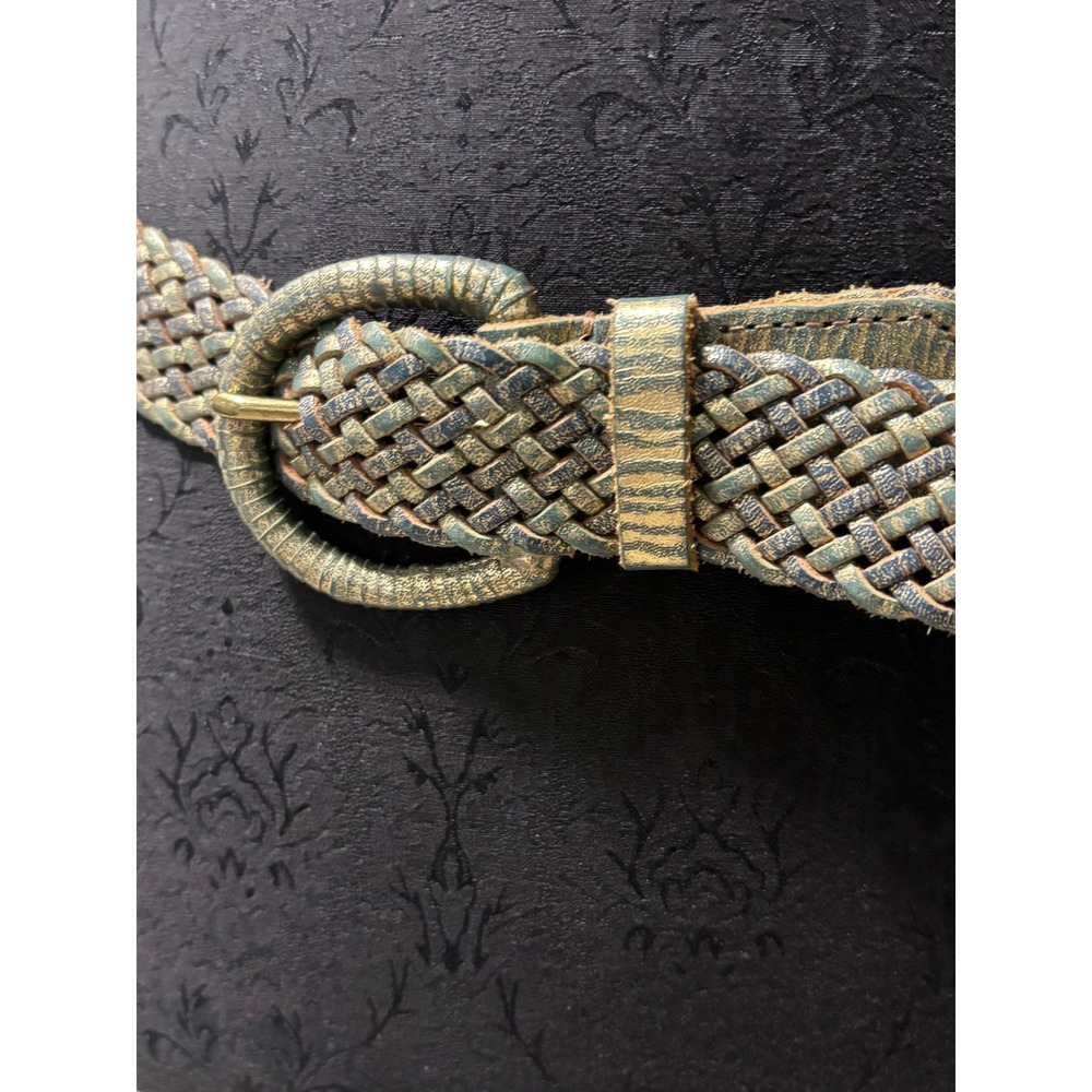 Chicos Womens Braided Leather Belt Gold Green Metallic Woven‎ Small - Picture 2 of 6